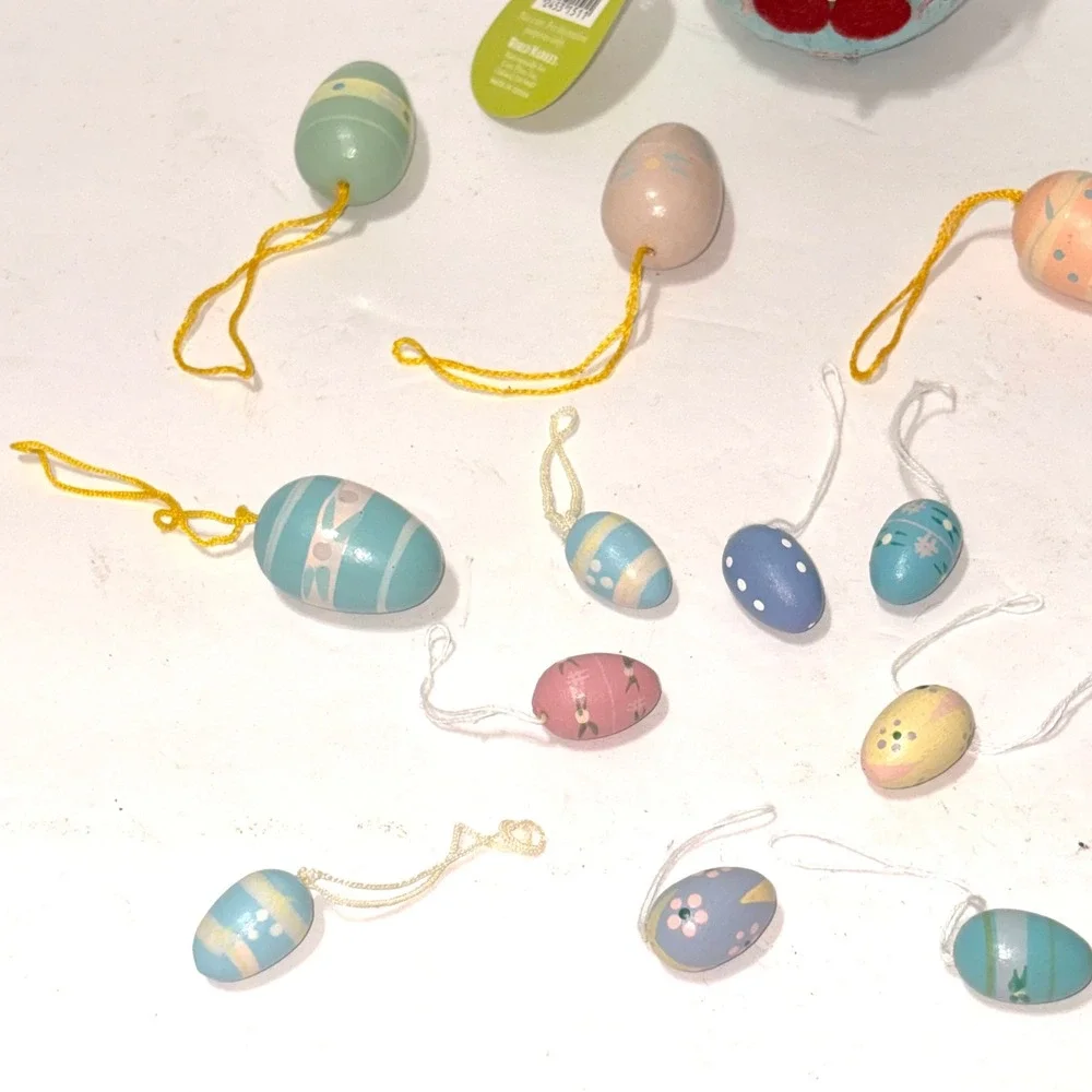 World Market Easter Blue Chicken Crepe Paper Basket & 14 Wooden Egg Ornaments